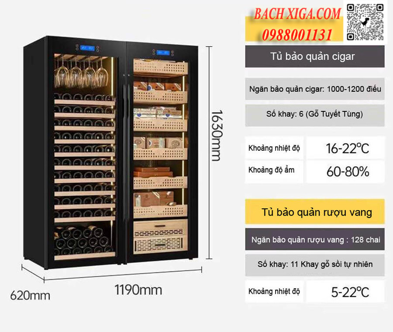 Tủ bảo quản kết hợp xì gà và rượu vang Cohiba H22163 thiết kế: 6 khay gỗ tuyết tùng (sức chứa: 1.200 điếu), 11 khay gỗ sồi tự nhiên (sức chứa: 128 chai rượu vang).