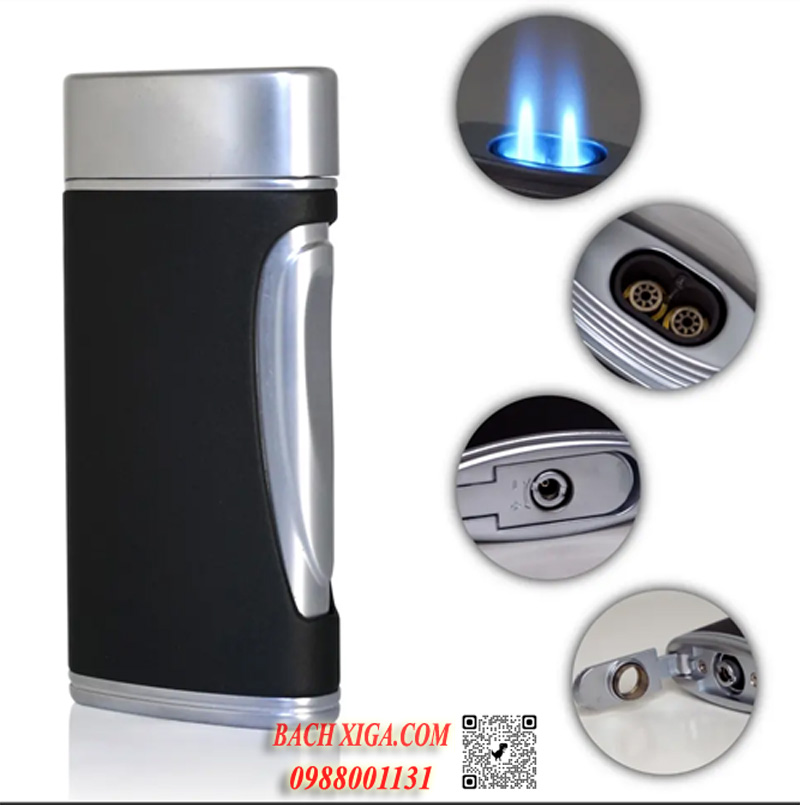 Bật lửa khò Caseti cao cấp: 2 tia, kèm đục, nút điều chỉnh tăng giảm gas