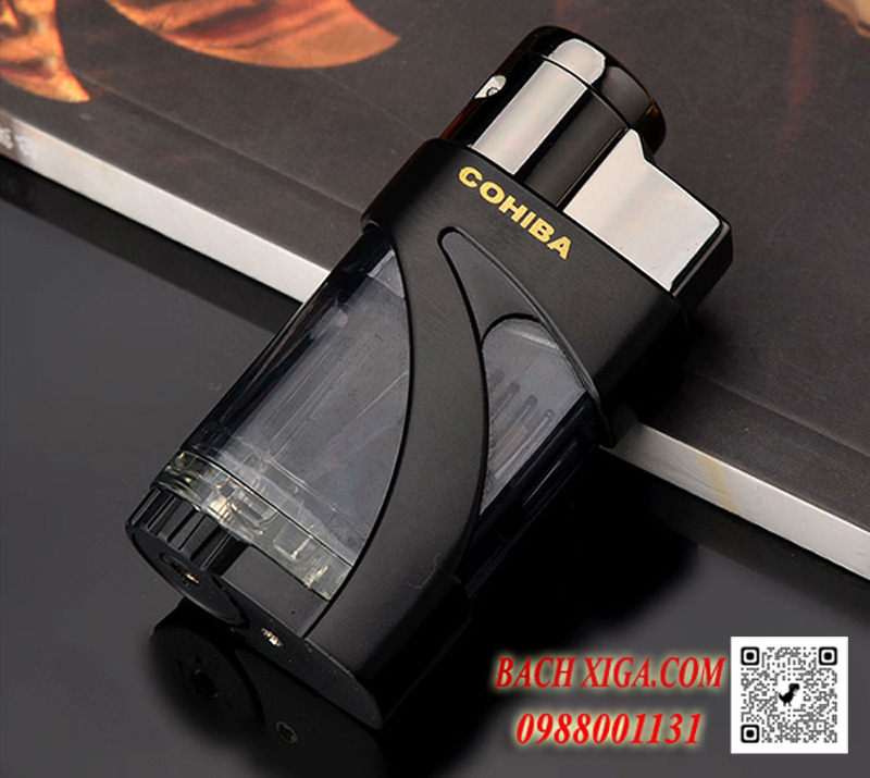 Cohiba COB75, bật lửa khò màu đen nhìn được lượng gas trong bình