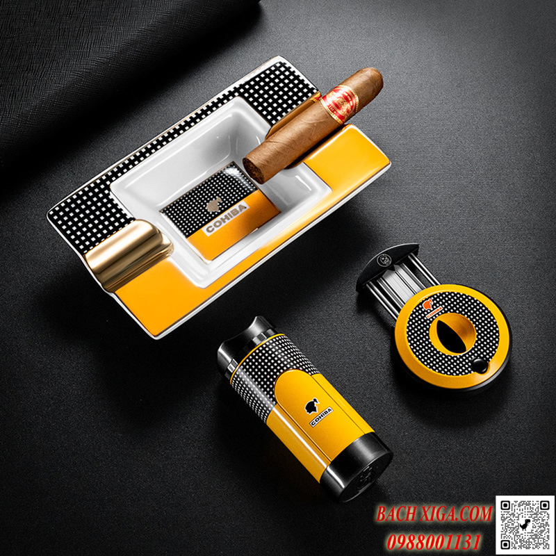 Sét Cohiba T38: gạt tàn 2 điếu, bật lửa xì gà 3 tia, dao cắt cigar.