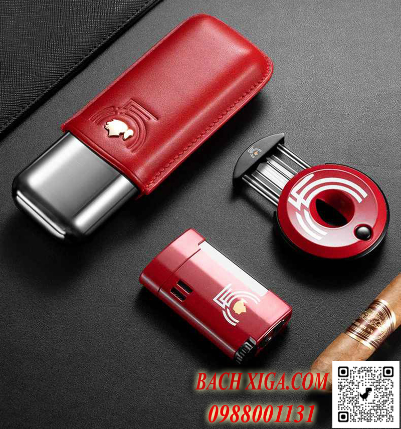 Sét bật lửa, bao da, dao cắt Cohiba T69 màu đỏ.