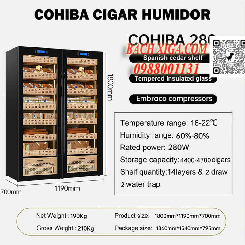 Tủ đôi đựng, ủ, bảo quản giữ ẩm xì gà Cohiba H280 bao gồm 14 khay hở và 2 khay kín sức chứa lên tới: 4.700 điếu xì gà (tùy size).