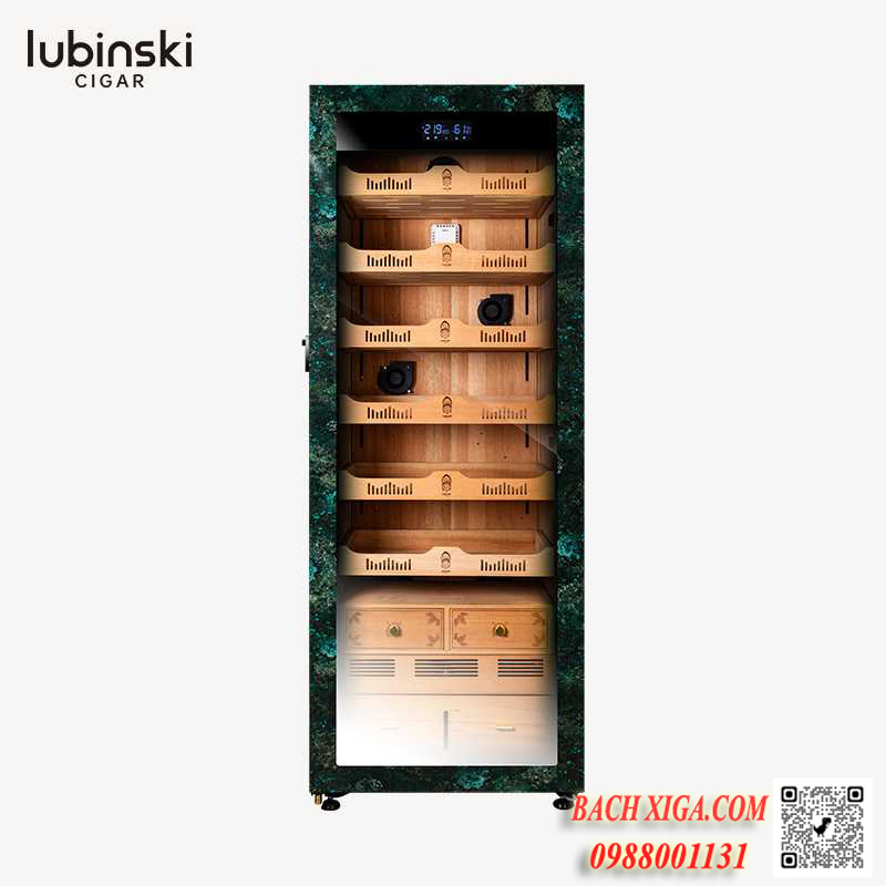 Tủ xì gà cắm điện tự động cao cấp Lubinski LB1850 vỏ ốp đá cẩm thạch xanh cao cấp.