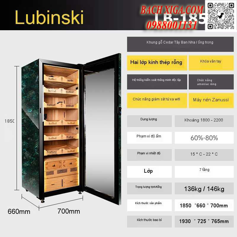 Chức năng, kích thước của tủ xì gà cắm điện Lubinski LB-1850