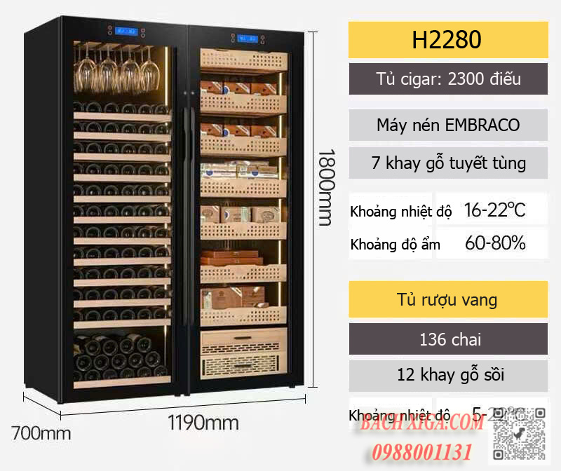 Tủ bảo quản xì gà rượu vang ghép đôi sức chứa: 2.300 điếu và 136 chai