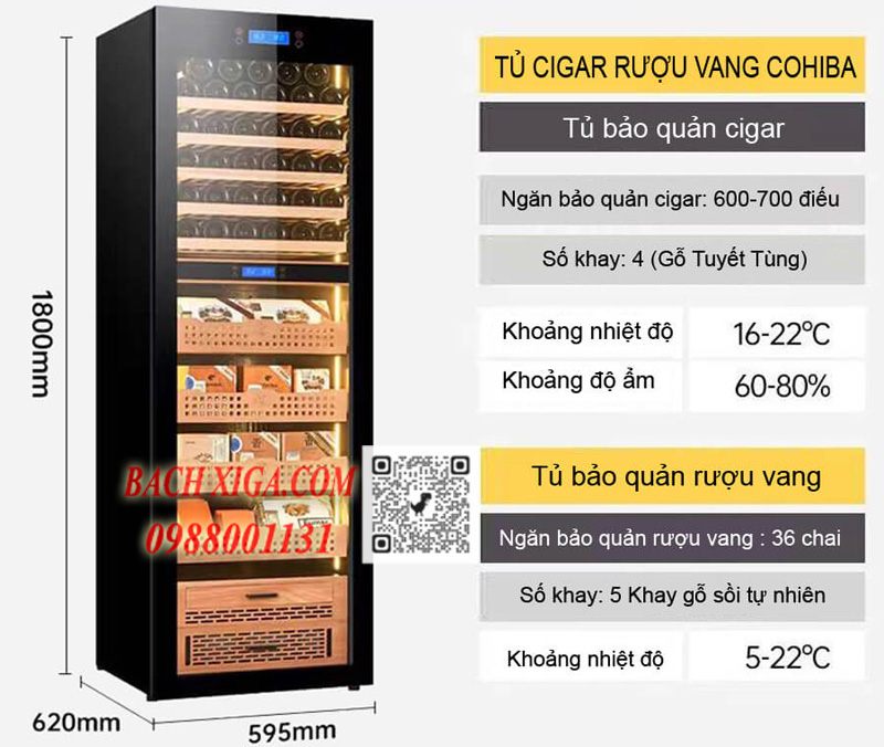 Tủ ủ giữ ẩm xì gà rượu vang Cohiba H2180 thiết kế: 4 khay gỗ tuyết tùng sức chứa 700 điếu, 5 khay gỗ sồi tự nhiên sức chứa 36 chai.